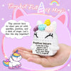 A white crocheted unicorn doll is held in a hand, surrounded by sparkles and text wishing positivity.