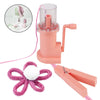 A pink portable hand-crank knitting tool for making bracelets and DIY crafts, shown with the main unit and a pink cord.