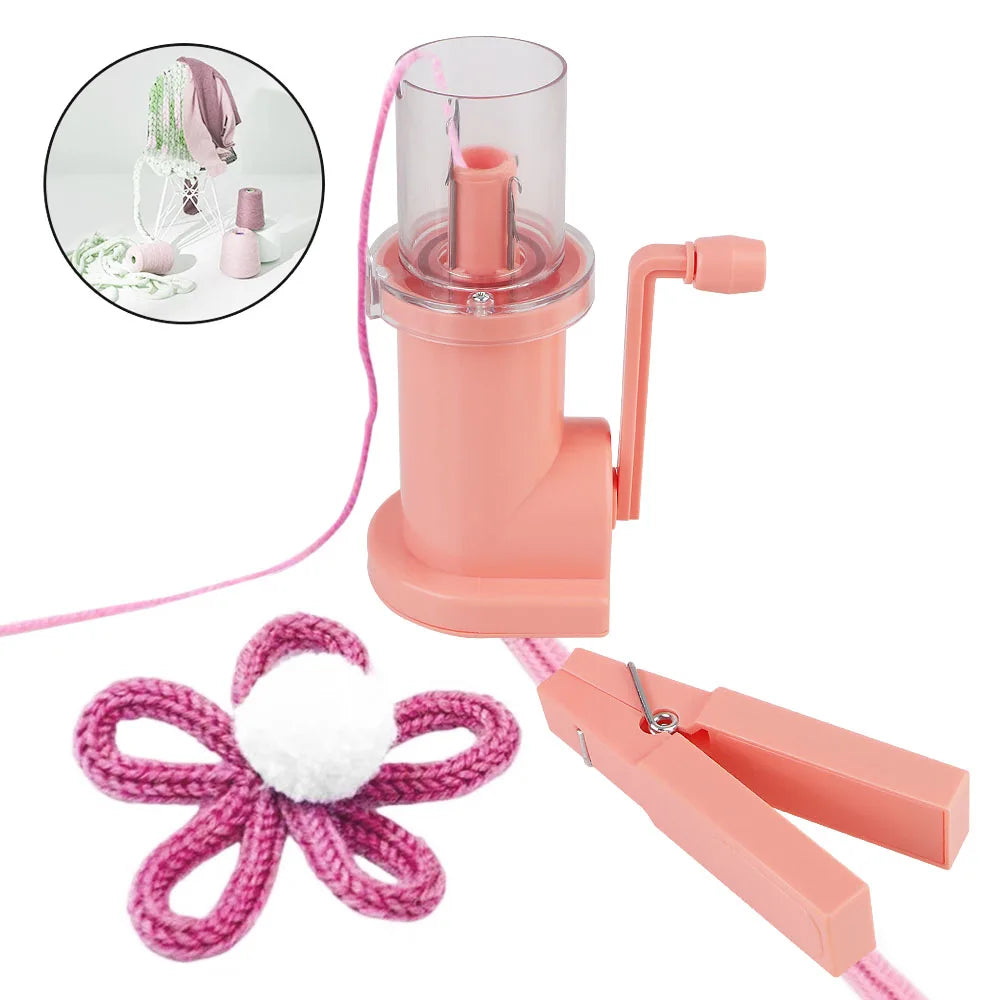 A pink portable hand-crank knitting tool for making bracelets and DIY crafts, shown with the main unit and a pink cord.