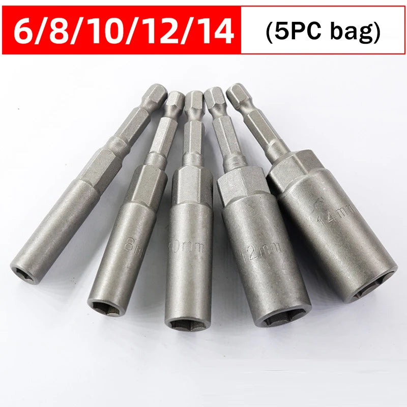 A set of stainless steel nut driver bits ranging from 5.5 to 19mm are displayed on a white background.