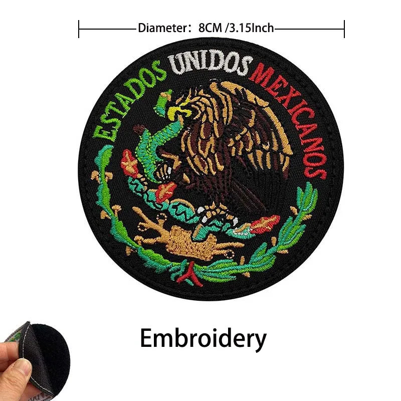 Black embroidered patch featuring the Mexican flag eagle design with hook and loop backing