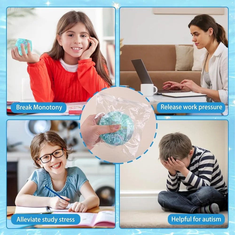 A collage showing children using an ocean-themed slow-rise squishy stress ball to break monotony, relieve pressure, and help 