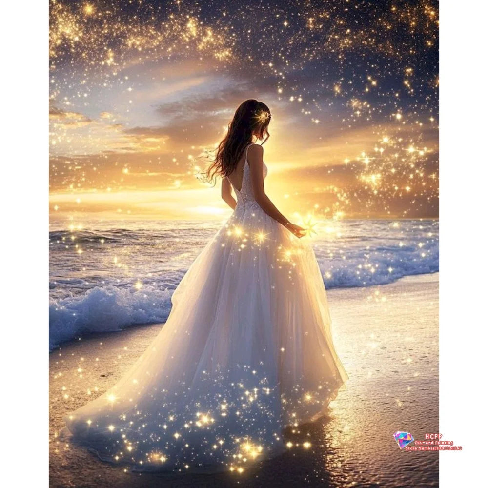 A woman in a white gown stands on a beach at sunset with sparkling lights and ocean waves.