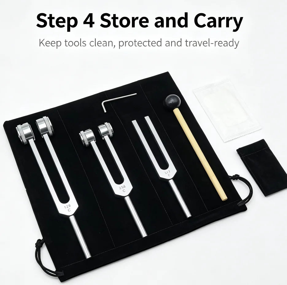 A black storage case holds a set of tuning forks and a white cloth, demonstrating Step 4 Store and Carry.