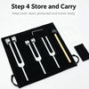 A black storage case holds a set of tuning forks and a white cloth, demonstrating Step 4 Store and Carry.
