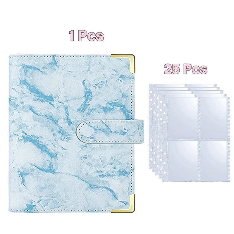A stack of 25 pages from an A5 Premium PU Photocard Album featuring a light blue marbled design.