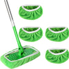 A set of reusable microfiber mop pads in bright green, including a handle and various sized cleaning heads.