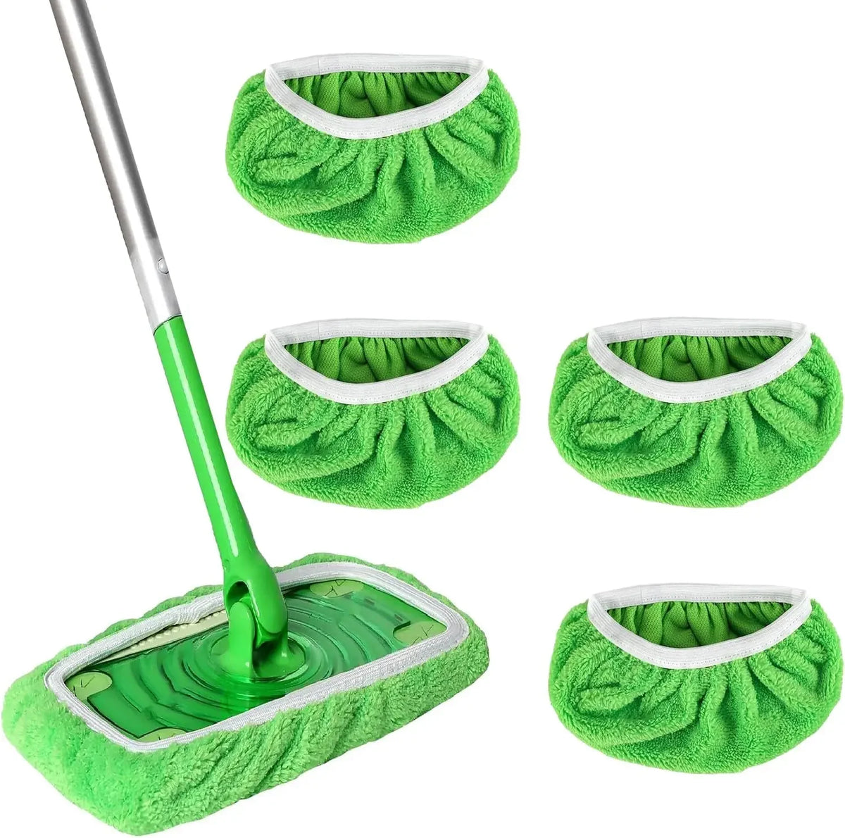 A set of reusable microfiber mop pads in bright green, including a handle and various sized cleaning heads.