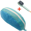 A teal and blue shoe washing machine bag with a white stripe and a soft bristled cleaning brush set.