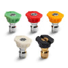 Five foam cannon car wash nozzles in green, red, yellow, and black plastic with metal tips.