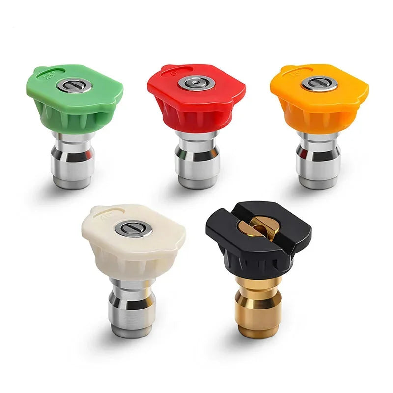Five foam cannon car wash nozzles in green, red, yellow, and black plastic with metal tips.
