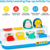 A white pop-up activity toy featuring various animal figures for baby learning and sensory play.