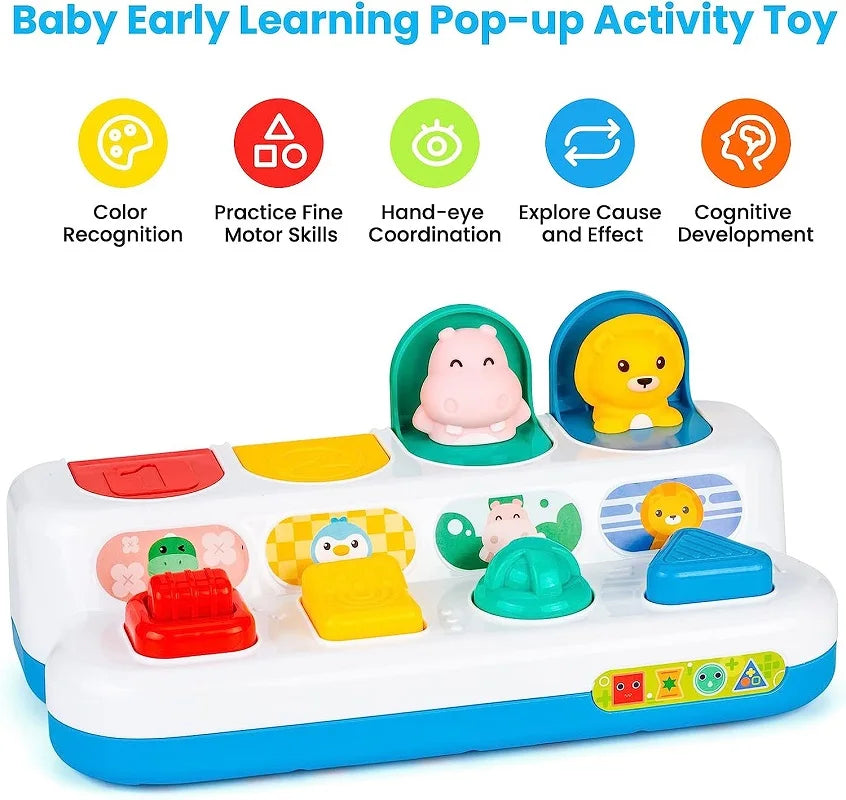 A white pop-up activity toy featuring various animal figures for baby learning and sensory play.