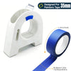 White professional masking tape applicator tool with a blue handle and a roll of blue painter's tape.