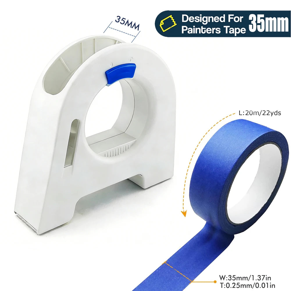 White masking tape dispenser with a blue handle and a roll of blue painter's tape.