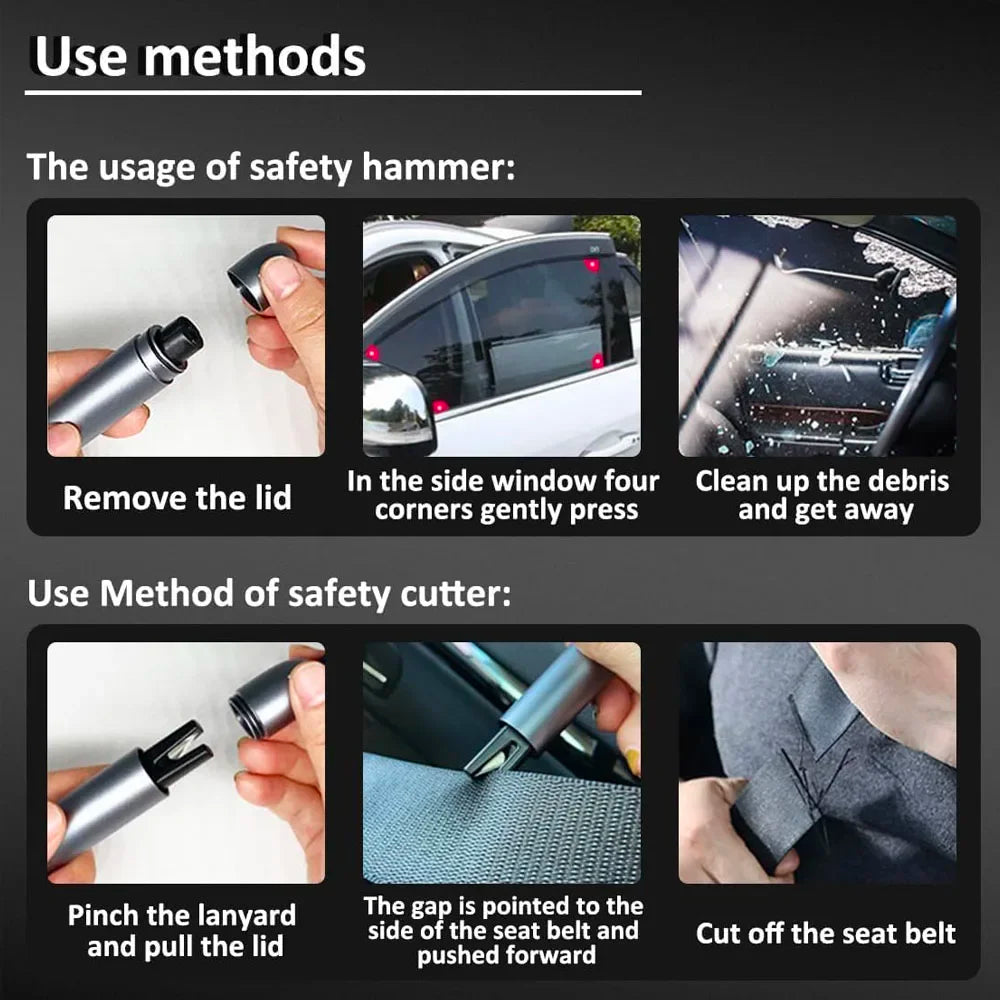 Instructions showing how to use a safety hammer and a safety cutter for car emergency situations