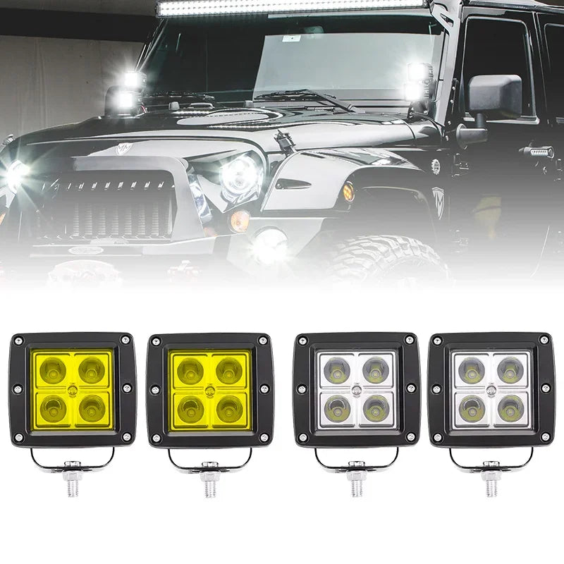 Vier universelle LED-Arbeitsleuchtenhalterungen für Fahrzeuge in einer Reihe.
