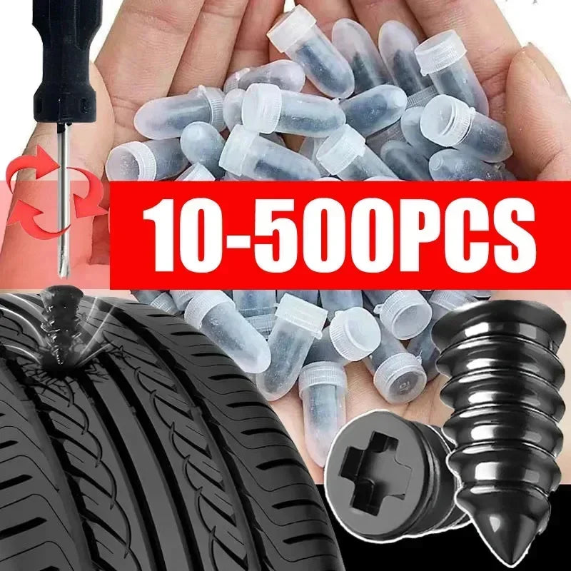 A hand holds a pile of self-repair rubber tire puncture nails and a black tire tread.
