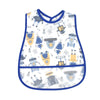 A white baby feeding bib with blue trim featuring various cartoon robots and scientific symbols.