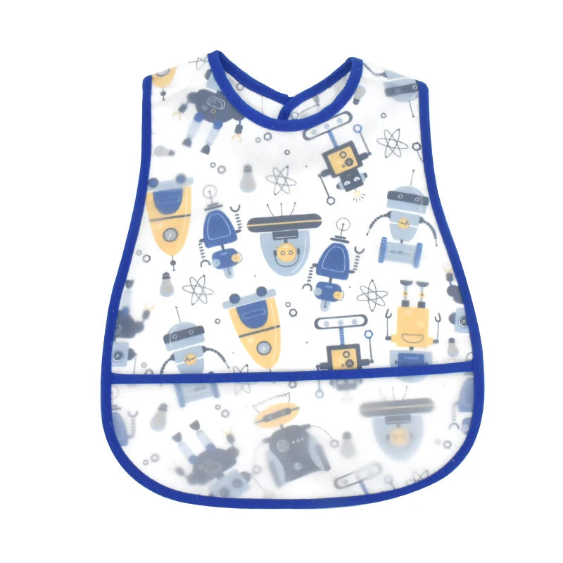 A white baby feeding bib with blue trim featuring various cartoon robots and scientific symbols.