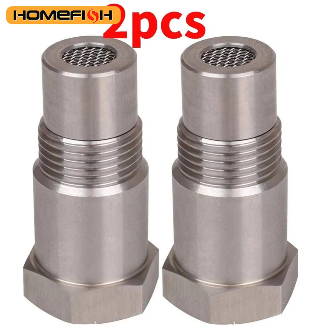 A pair of stainless steel oxygen sensor adapters for O2 sensors, packaged as a 2-pack.