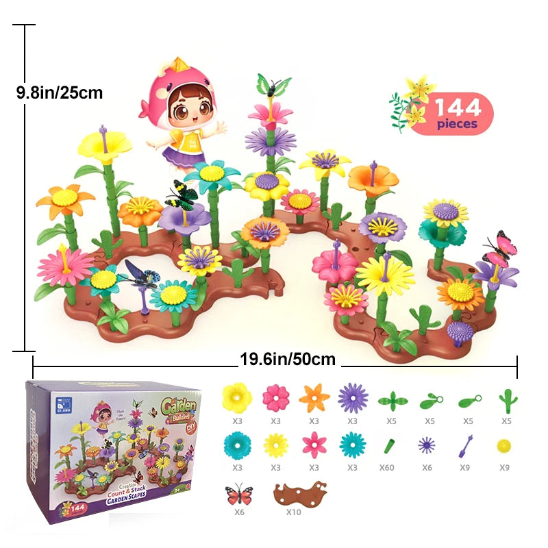 A set of 144 pieces of STEM flower garden building toy for kids featuring various colorful flowers and plants.