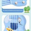 A light blue mini ukulele toy guitar with flexible strings and a sound box that pops out crisp sound effects.