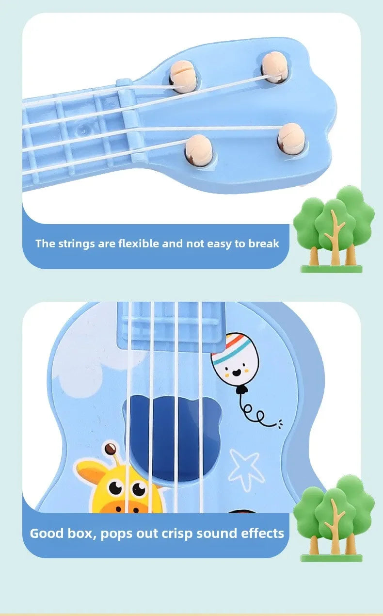 A light blue mini ukulele toy guitar with flexible strings and a sound box that pops out crisp sound effects.