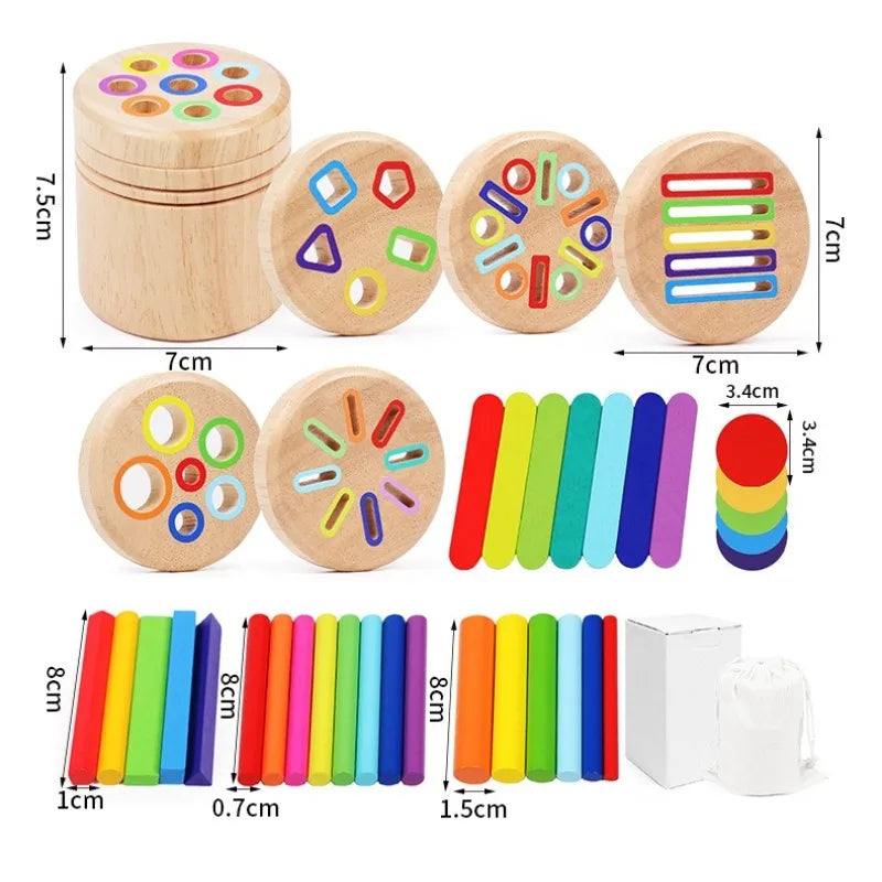 A set of wooden color sorting toys for toddlers featuring various colored holes and rods for fine motor skill development.