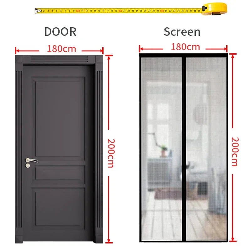 A pair of modern gray magnetic screen doors shown next to a ruler for scale.