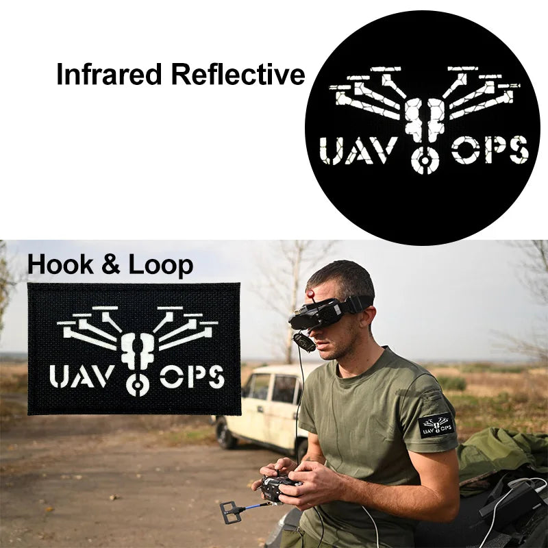 A man wearing a tactical vest is shown next to an infrared reflective patch with hook and loop backing.
