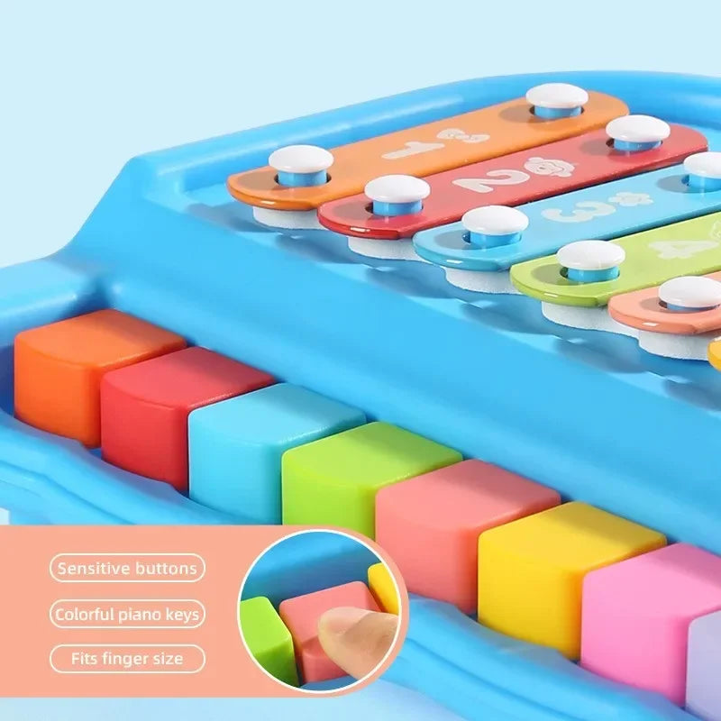A colorful 2-in-1 Montessori musical piano for toddlers showing various colored buttons and keys.