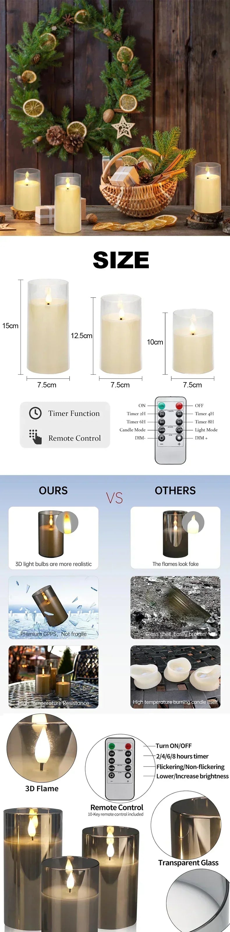 Set of 3 LED Flameless Candles with Remote and Timer