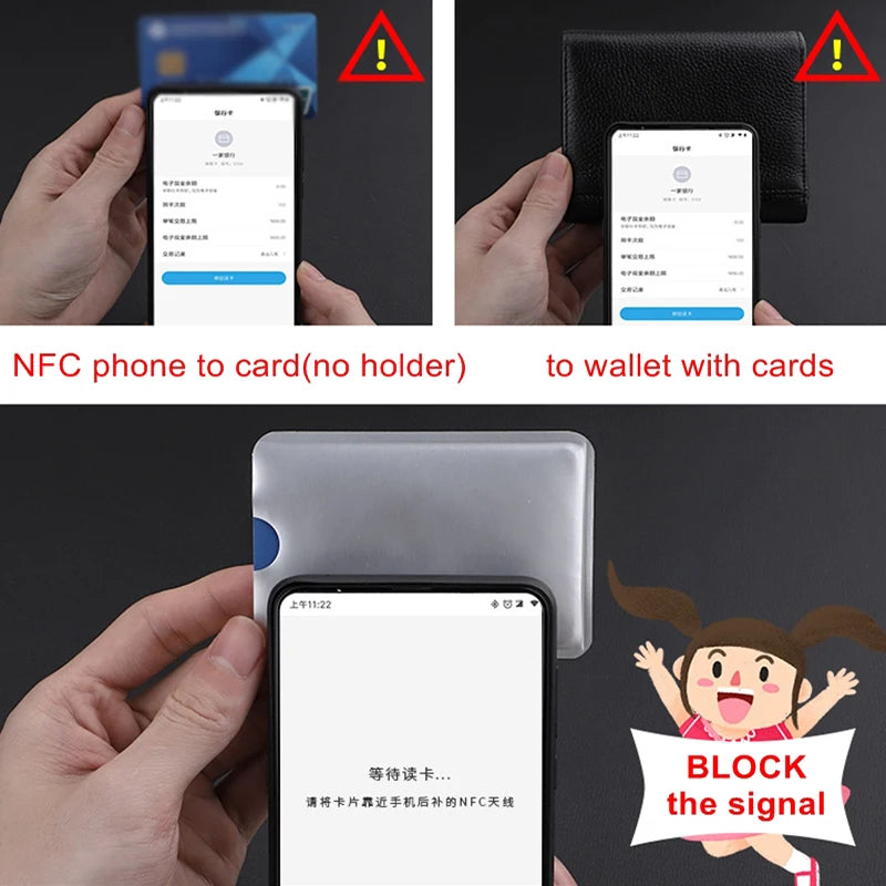 Demonstration of RFID and NFC blocking card sleeves used to protect cards in a wallet and prevent signal transmission.