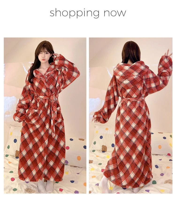 Women's Leopard Print Hooded Flannel Bathrobe