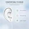 A white in-ear headphone is shown against a light blue background, highlighting features like ear comfort, tilt wearing, and 