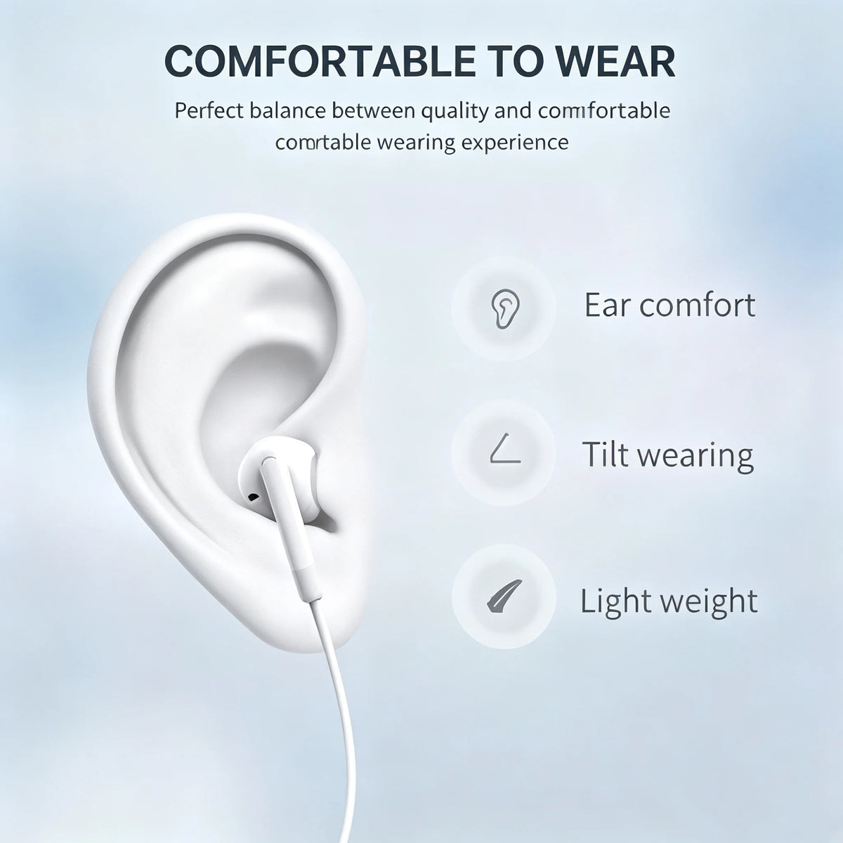 A white in-ear headphone is shown against a light blue background, highlighting features like ear comfort, tilt wearing, and 