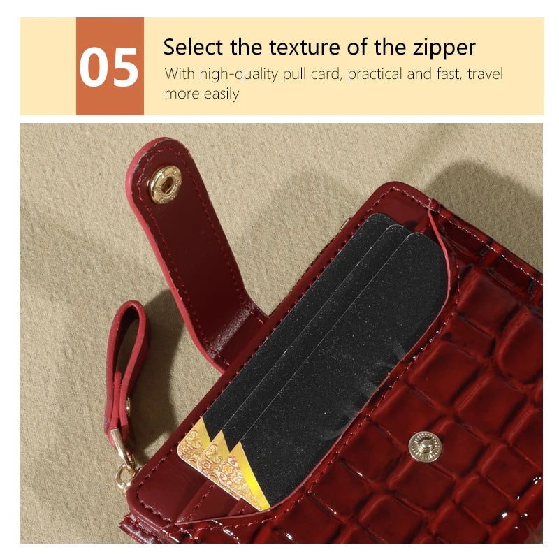 A close-up of a maroon PU leather wallet showing the texture and zipper detail.