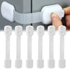 White child safety cabinet lock with a flexible strap and multiple lock components shown against a gray background.