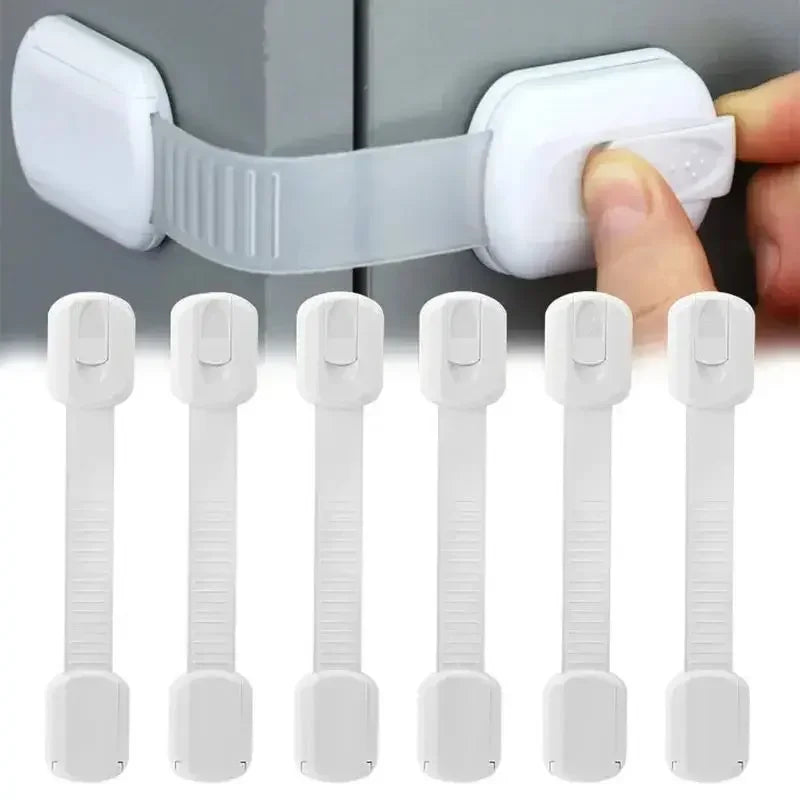 White child safety cabinet lock with a flexible strap and multiple lock components shown against a gray background.