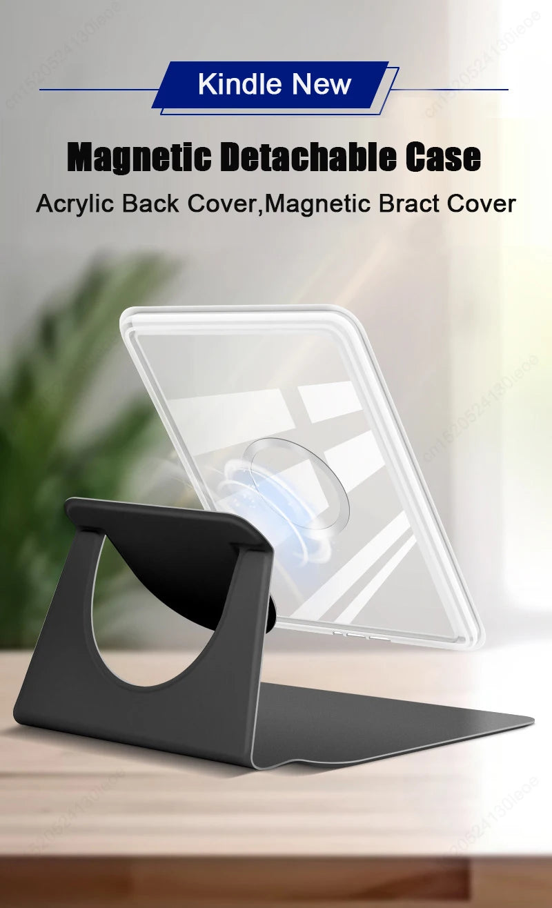 A clear acrylic magnetic detachable case for a Kindle device shown resting on a wooden surface.