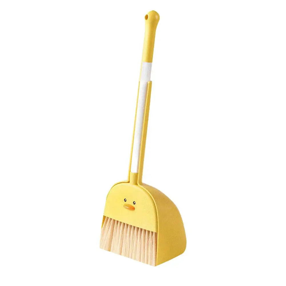 A yellow kids broom and dustpan set with an adjustable mop handle.