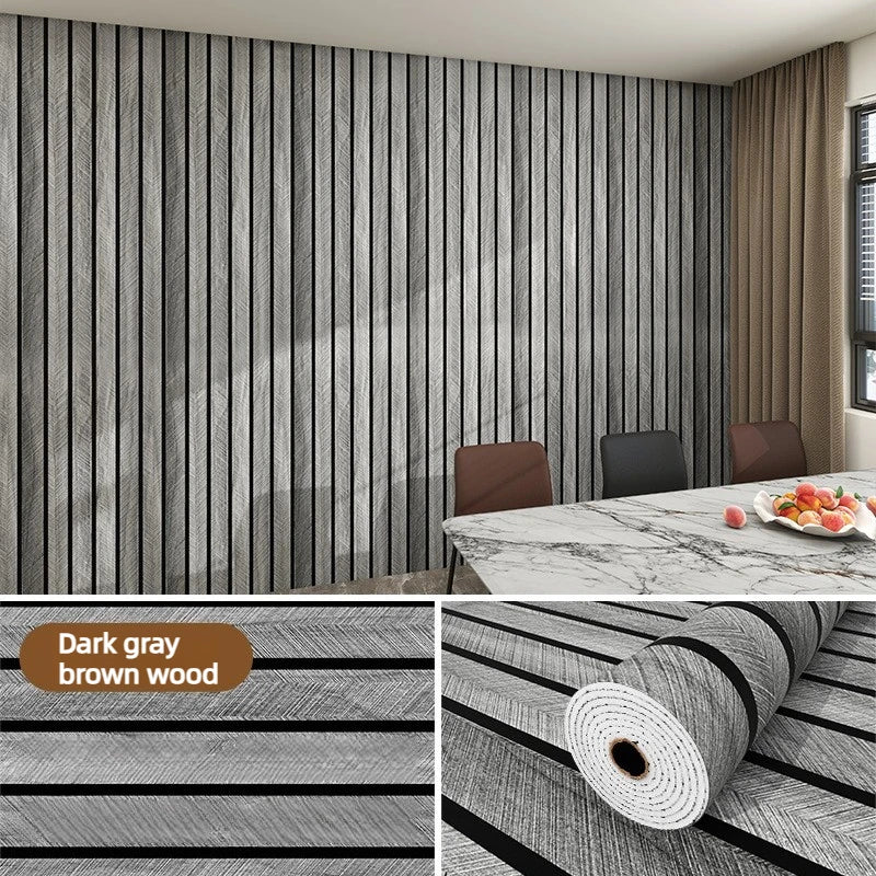 A close-up view of a dark gray wood grain grille wall sticker applied to a vertical surface.