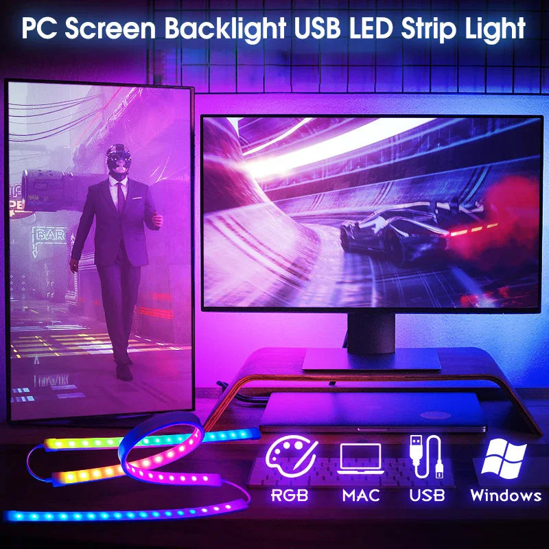 A PC screen backlight USB LED strip light illuminating a monitor displaying a futuristic scene.
