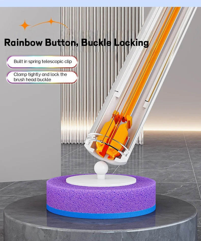 A long handle toilet brush set with a rainbow button and buckle locking mechanism is shown in a close-up view.
