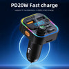 A black Bluetooth 5.3 FM transmitter device showing a digital display and charging port.