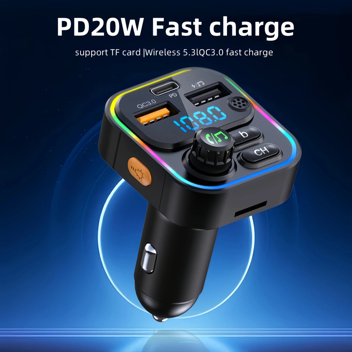 A black Bluetooth 5.3 FM transmitter device showing a digital display and charging port.
