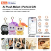 Interactive AI plush robot with LED eyes shown in various poses and contexts like a bag or office.