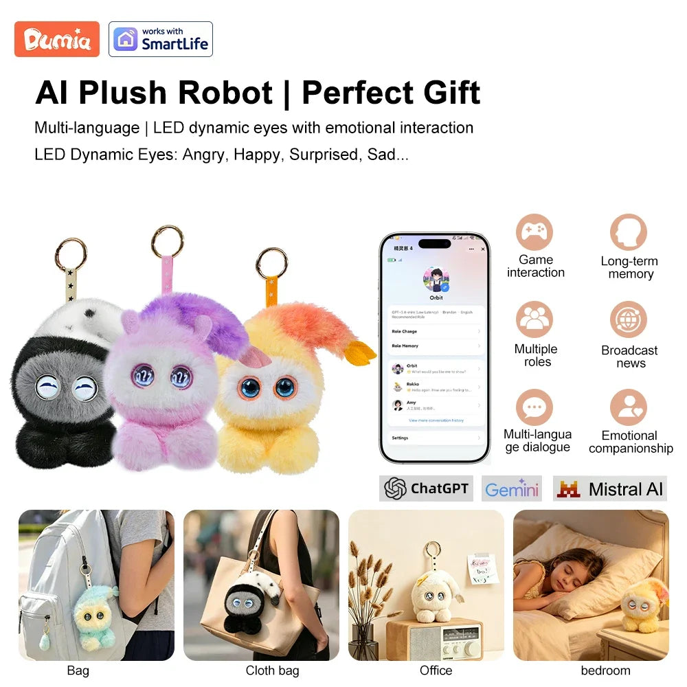 Interactive AI plush robot with LED eyes shown in various poses and contexts like a bag or office.