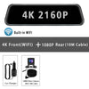 Black dash cam featuring a 4K front camera with built-in WiFi and a 1080P rear camera with a 10M cable.